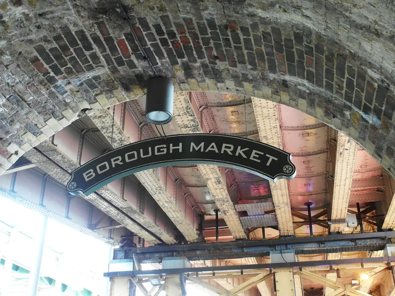 The Borough Market sign hanging under the brick railway arches