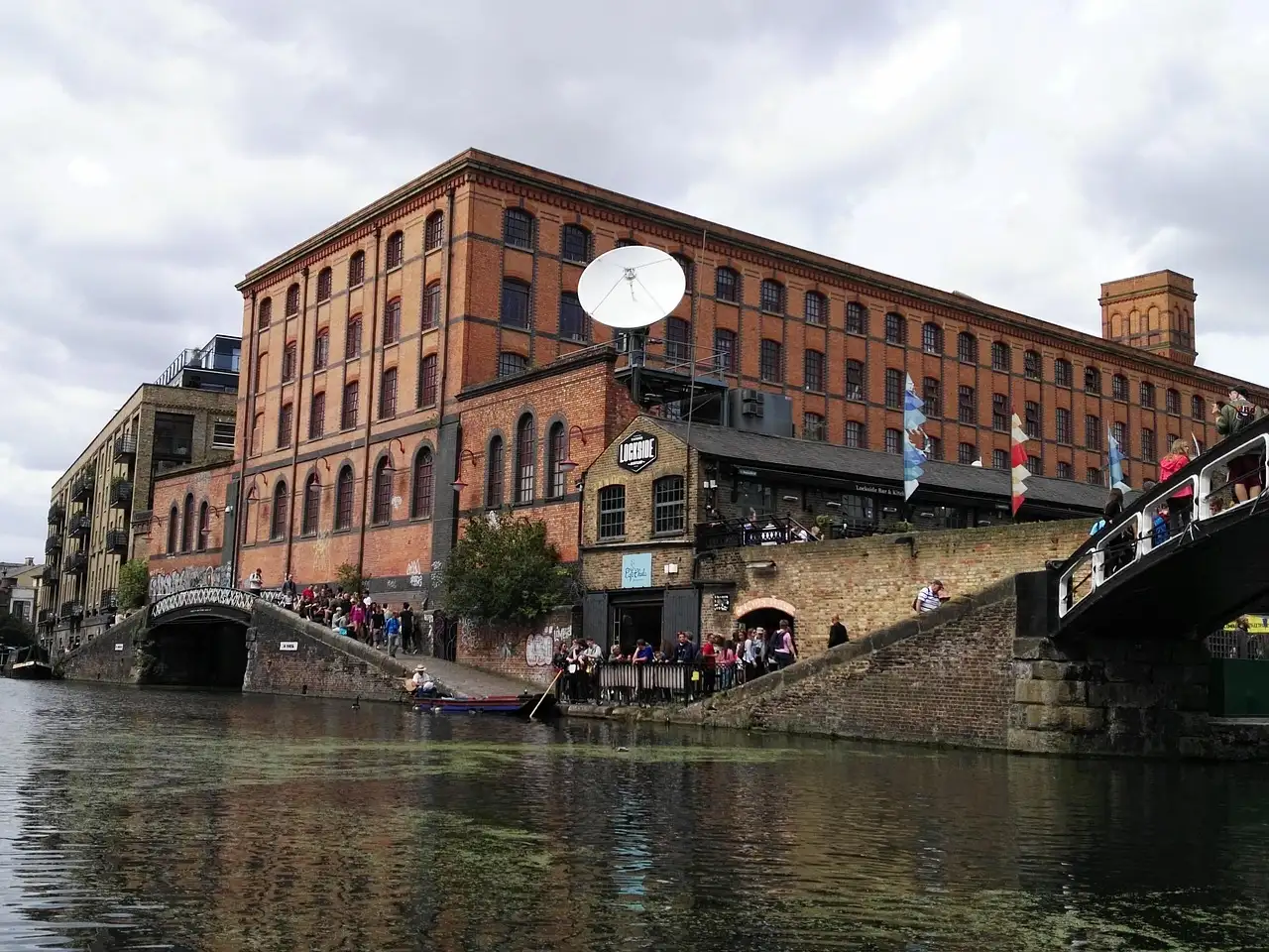 The red-brick Camden Lock market building beside the Regent's Canal