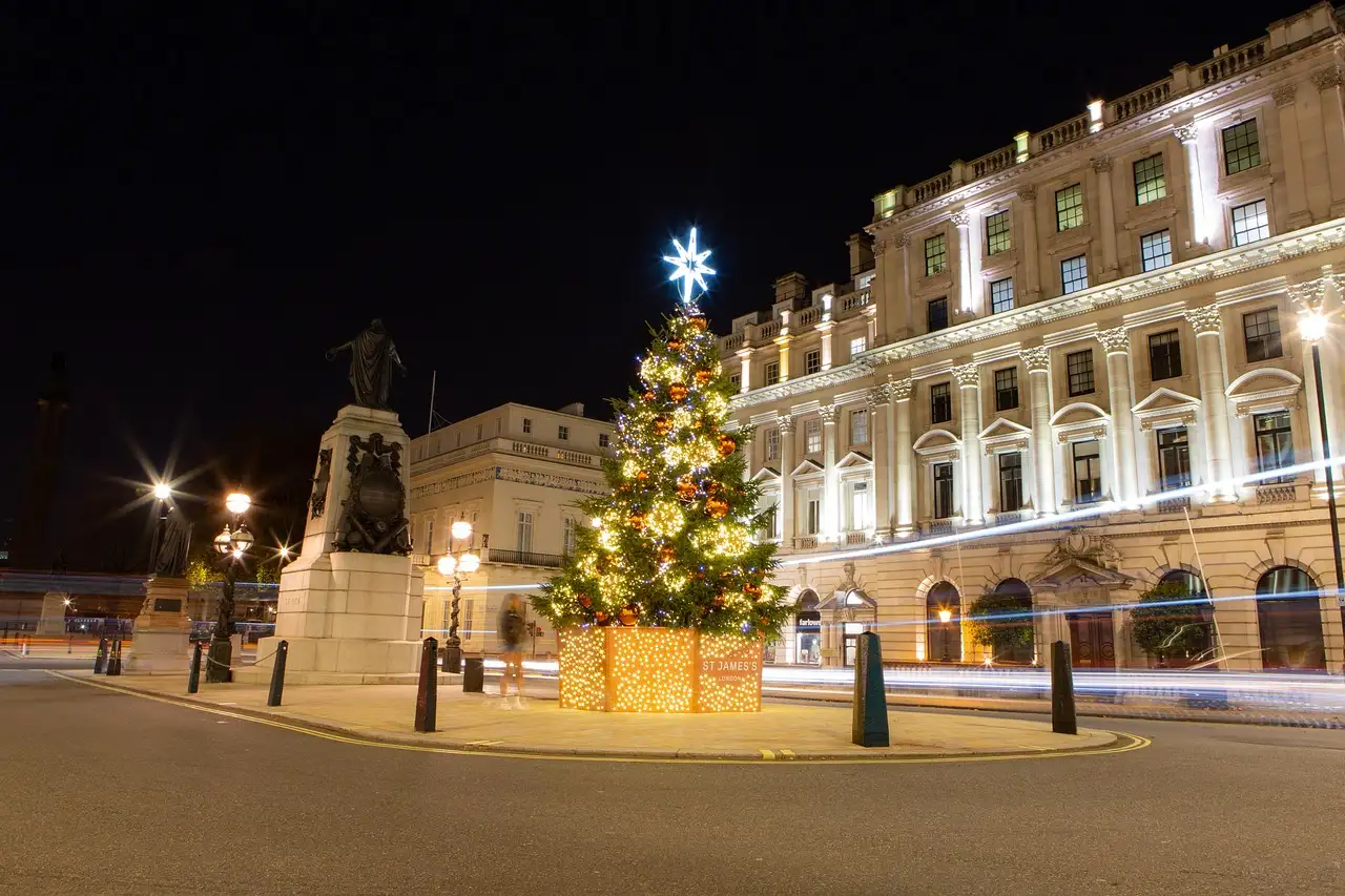 A lit Christmas tree in Waterloo Place, London, at night