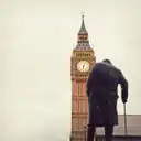 The Winston Churchill statue in Parliament Square facing Big Ben