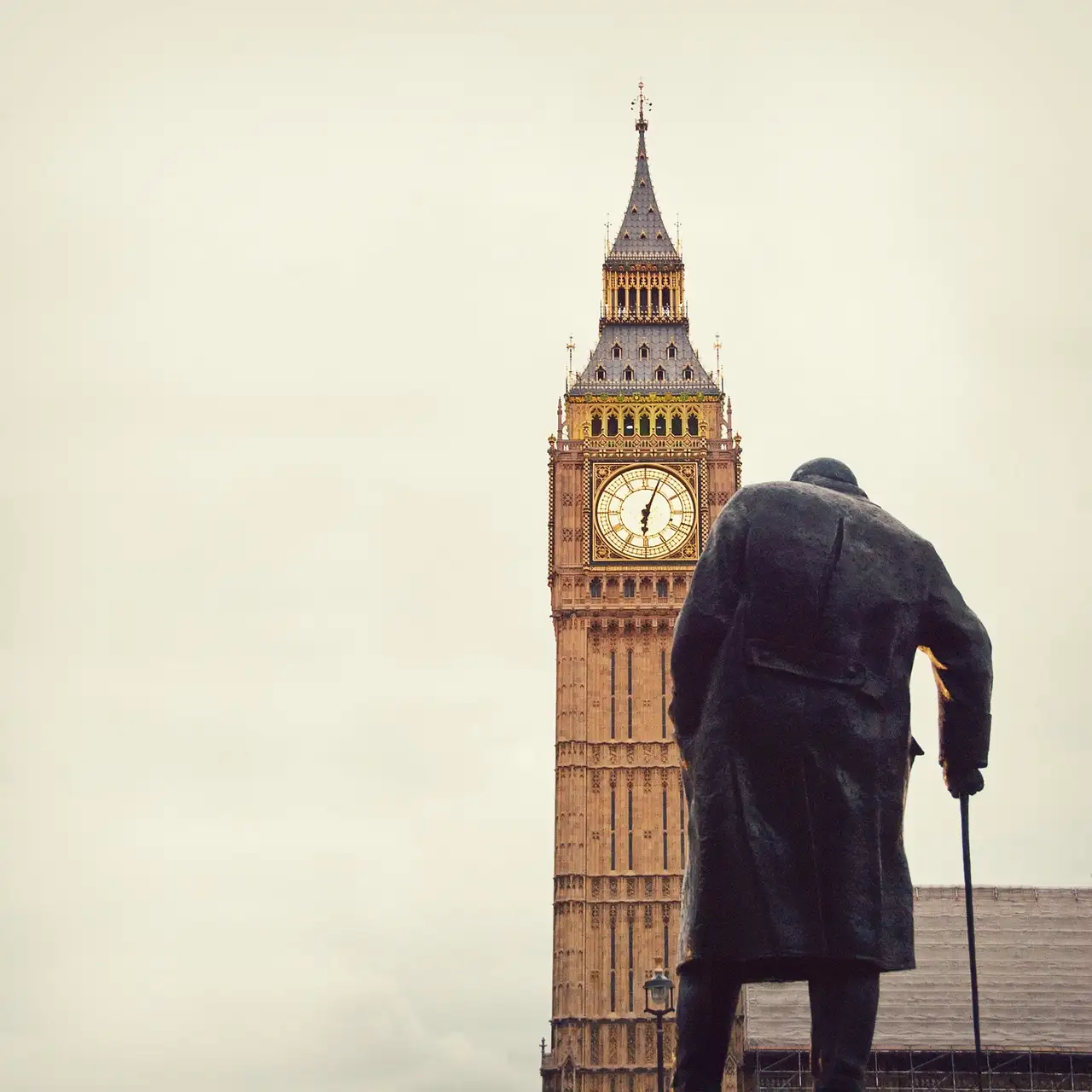 The Winston Churchill statue in Parliament Square facing Big Ben