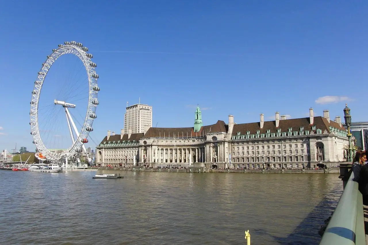 County Hall and the London Eye on the South Bank, seen across the Thames