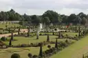 Formal gardens with clipped topiary and a fountain at Hampton Court Palace