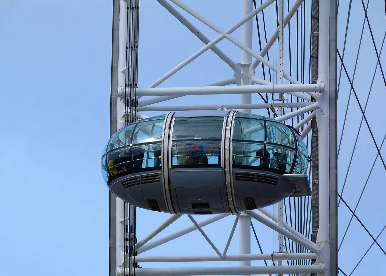 A glass capsule on the London Eye against a blue sky