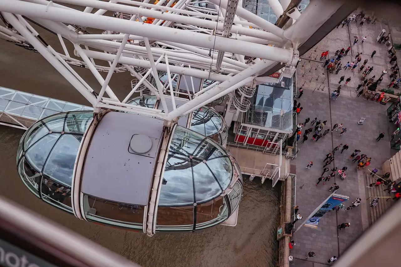 Looking down on a London Eye capsule and the riverside walk far below