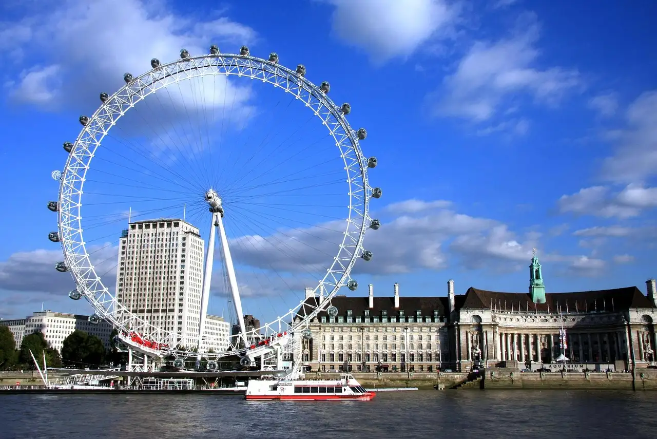 The London Eye and County Hall on the South Bank under a blue sky