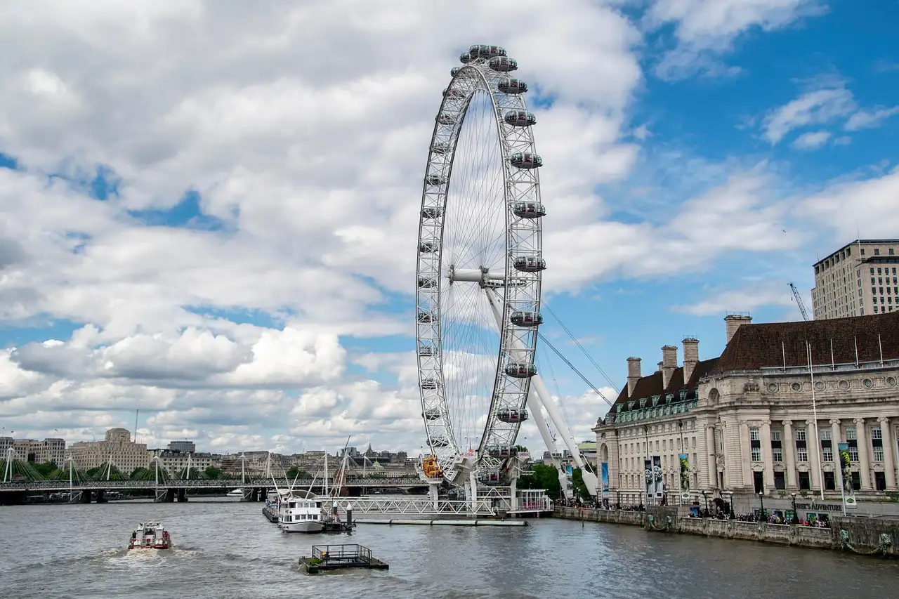 The London Eye and County Hall from the Thames, with small boats on the river