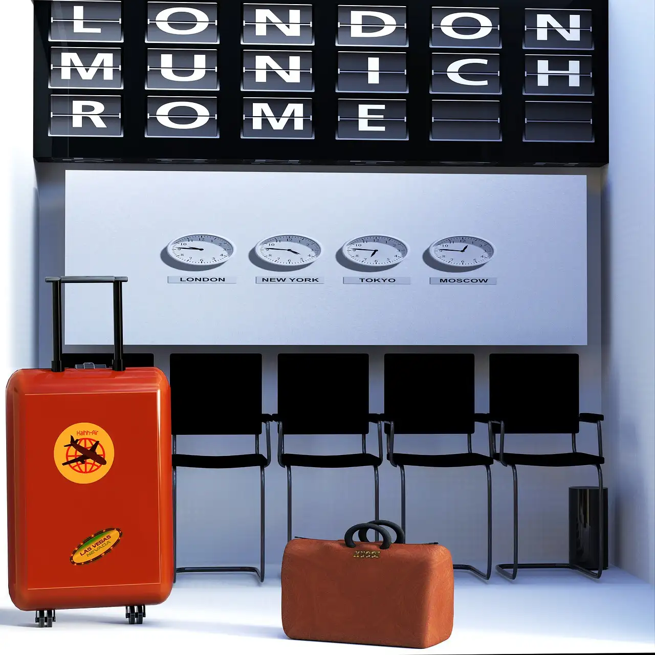 A red suitcase beside a travel departures board listing London, Munich and Rome