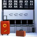 A red suitcase beside a travel departures board listing London, Munich and Rome