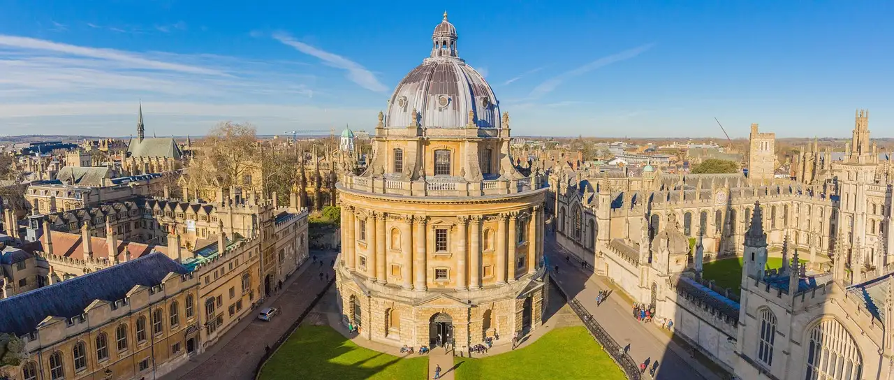 View over Oxford's colleges and spires with the Radcliffe Camera dome at the centre