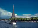 Sightseeing boat on the Seine below the Eiffel Tower