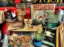 Market stall with vintage crates, tins and plants on Portobello Road