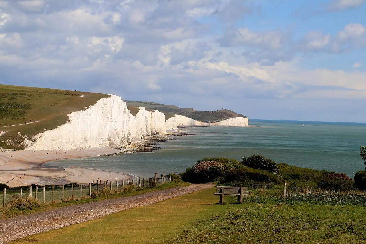The Seven Sisters chalk cliffs stretching along the coast