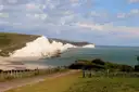 The Seven Sisters chalk cliffs stretching along the coast
