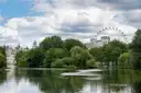 Lake in St James's Park with trees and the London Eye in the distance
