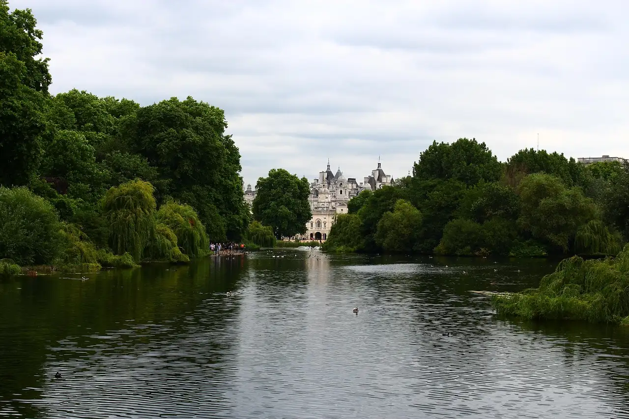 St James's Park lake framed by trees with palace buildings in the distance
