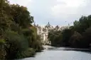 The lake in St James's Park with Whitehall's rooftops beyond the trees