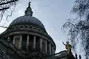Dome of St Paul's Cathedral with a stone statue and bare branches
