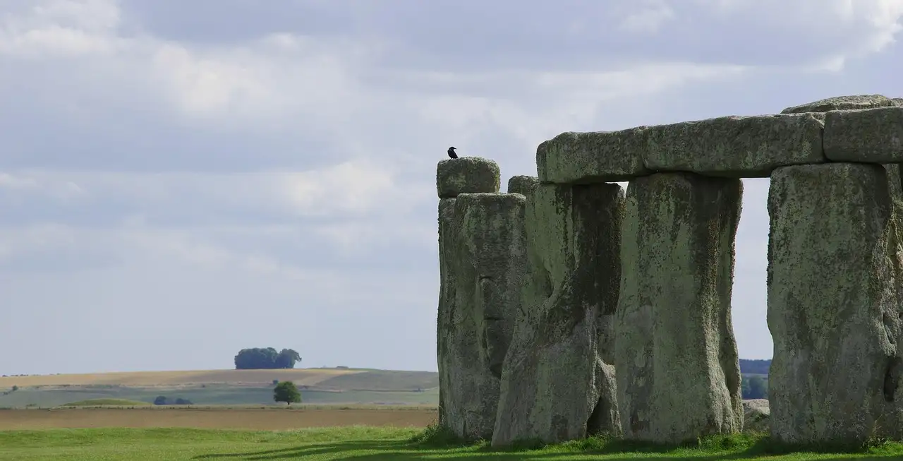Close view of Stonehenge's great stones and lintels, with the open plain behind