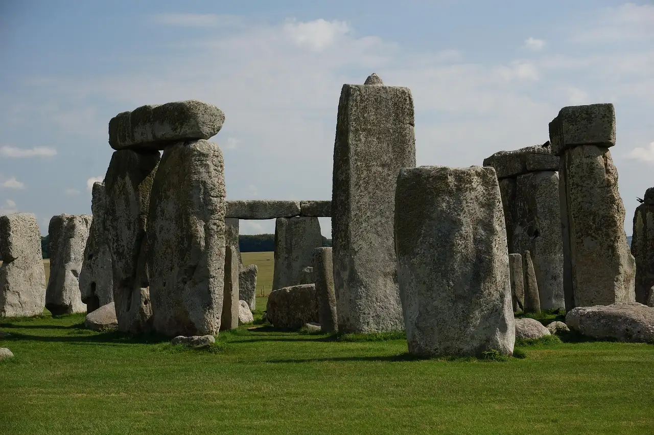 The standing stones and lintels of Stonehenge seen up close