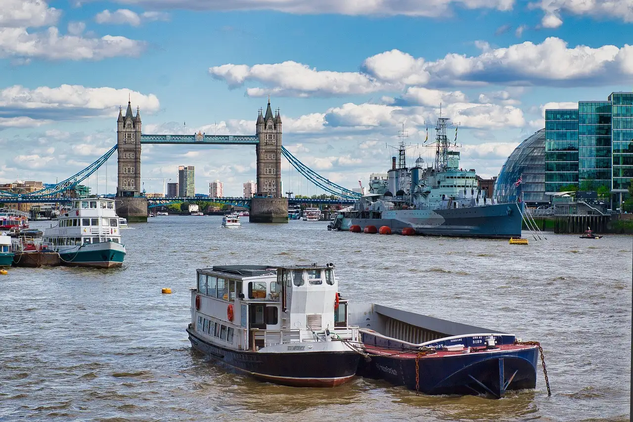 Boats on the River Thames with Tower Bridge in the background