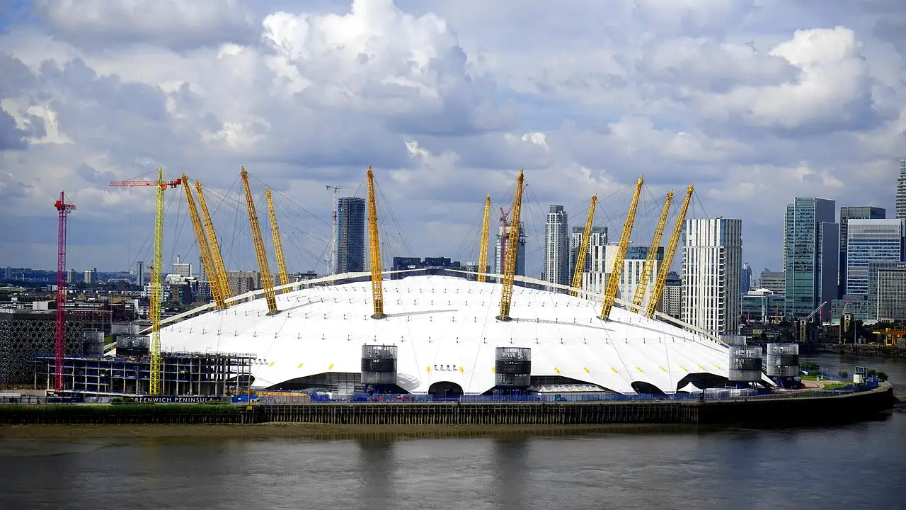 The white O2 dome across the Thames with Canary Wharf behind
