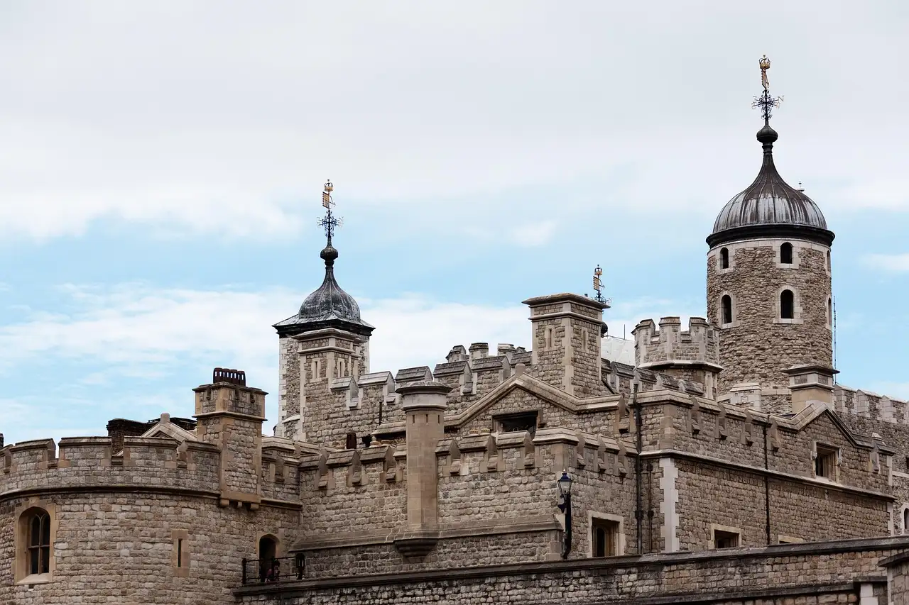 Domed turrets of the White Tower rising above the Tower of London walls