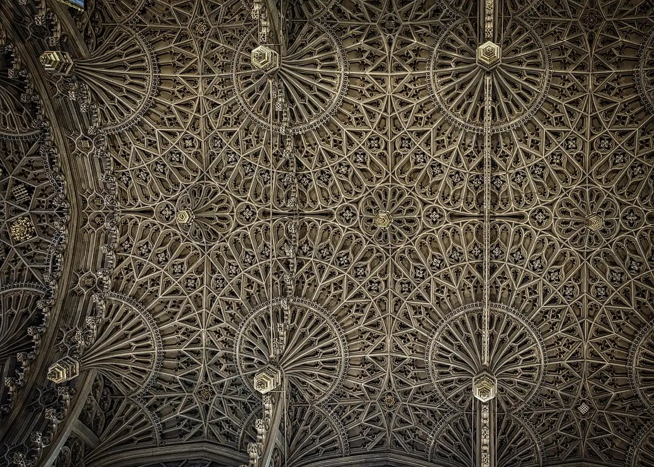 The fan-vaulted stone ceiling inside Westminster Abbey