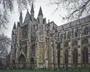 The Gothic north front of Westminster Abbey with its rose window and spires