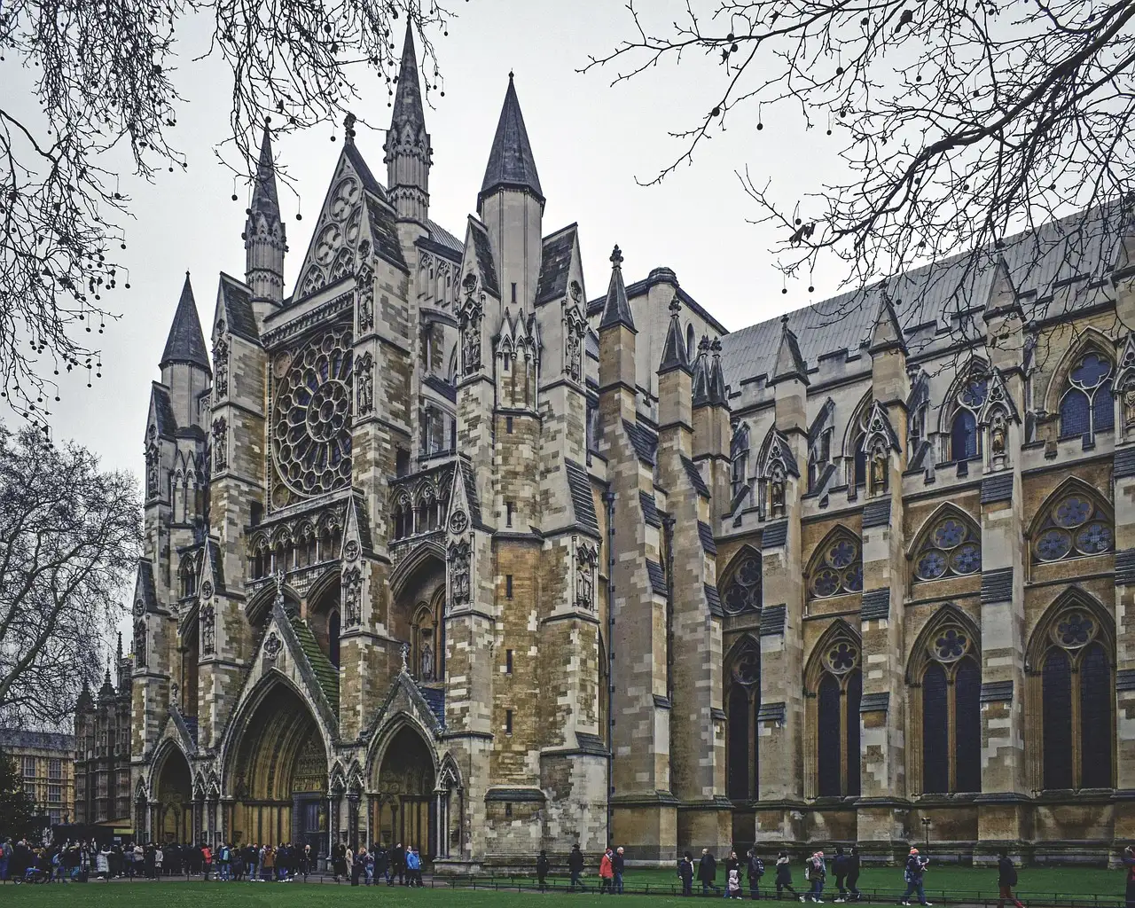 The Gothic north front of Westminster Abbey with its rose window and spires